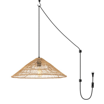 Nova 20.25" Farmhouse Coastal Rattan 180" Cord Plug-In or Hardwired LED Pendant - JONATHAN Y